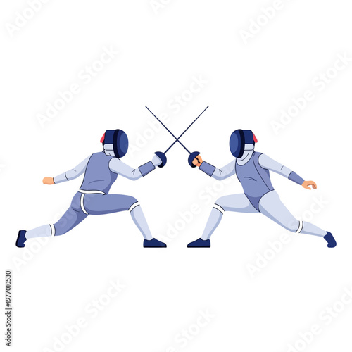 Two Fencers in Protective Gear in Combat Pose with Crossed Swords