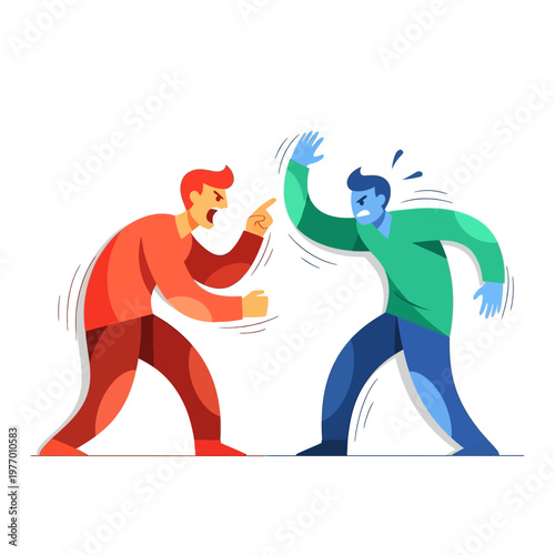Two men arguing, conflict, disagreement, confrontation, shouting, gesturing, anger, stress, dispute, illustration