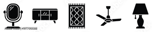Collection of essential household furniture and decor items including a vanity mirror, storage cabinet, floor rug, ceiling fan, and table lamp for domestic living and interior design