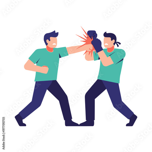 Two men boxing fight, one punching the other in the face, dynamic action illustration