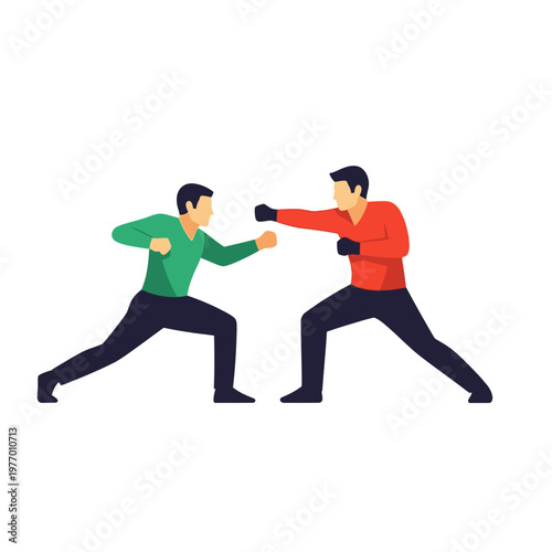 Two men boxing, fighting, competition, conflict, sport, business challenge, isolated on white background