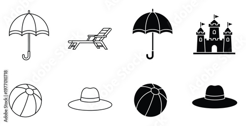 Summer beach vacation icons with umbrellas, chairs, sandcastles, beach balls, and sun hats for diverse travel and leisure promotions and seasonal activity branding.