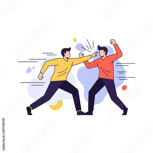 Two men fighting, conflict, disagreement, abstract shapes, dynamic illustration
