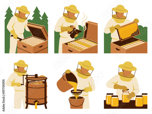 Beekeeper working with beehives, collecting honey, using extractor and filtering organic produce.