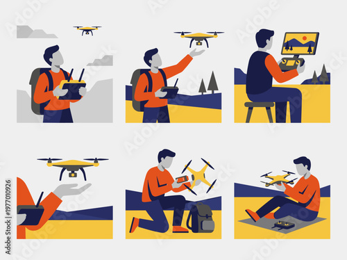 Drone pilot illustrations set: person launching, landing, and controlling quadcopter in flat vector style