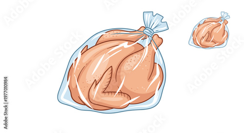 Whole raw chicken packaged in a clear vacuum-sealed plastic bag shown in two different sizes for meat product marketing.