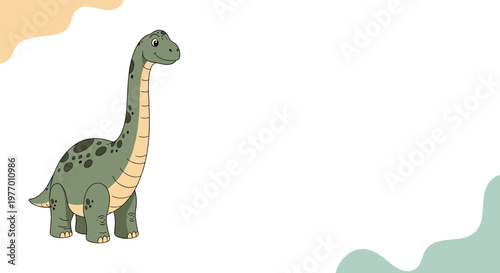 Friendly green brachiosaurus dinosaur with spots standing in a minimalist landscape with soft abstract shapes and copy space.