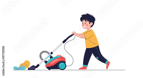 Young boy smiling while doing household chores and vacuuming the floor with a red and blue modern vacuum cleaner appliance.