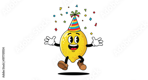 Happy lemon character wearing a colorful party hat and jumping with joy amidst confetti celebrating a fun birthday or event.