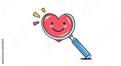 Cute red heart character with a smiling face being examined through a magnifying glass symbolizing self-love and heart health.