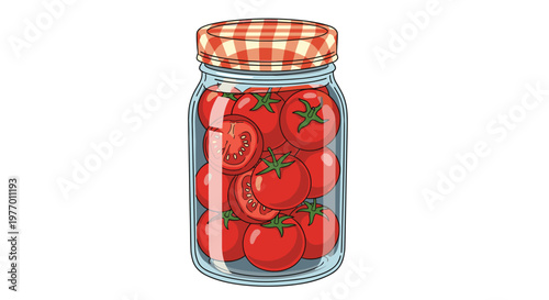 Glass jar filled with whole and sliced red pickled tomatoes with a red checkered lid for traditional homemade food preservation.