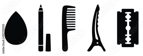 Collection of personal care and grooming tools including a teardrop shape, cosmetic pencil, hair comb, hair clip, and razor blade icons for health and beauty product branding