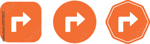 Orange right turn arrow icons set, flat vector traffic direction symbols for navigation and road signage