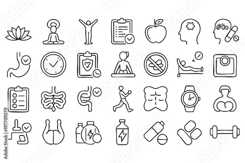 Modern Fitness Icons Featuring Nutrition Diet and Exercise Concepts