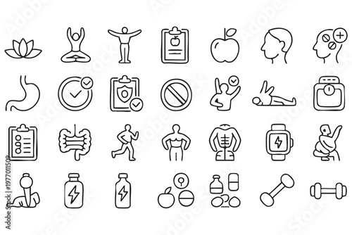 Lifestyle and Fitness Icons with Workout Tracking and Supplements