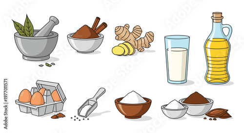 Essential baking and cooking ingredients including eggs, flour, oil, milk, ginger, cinnamon, and sugar shown in various containers.
