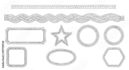 Selection of black and white hand-drawn braided rope borders and geometric frames in shapes like star, circle, and hexagon.