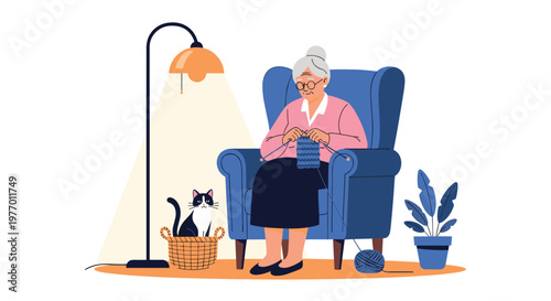 Senior grandmother sitting in a blue armchair knitting a blue scarf with a black and white cat in a basket nearby.