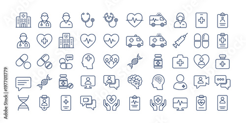 Medical and Healthcare Line Icon Set. Minimalist Hospital Symbols Featuring Doctor, Ambulance, Medicine, DNA, Heart Rate, Online Consultation, and Health Protection.