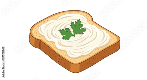 Slice of toasted bread spread with thick white cream cheese and garnished with a fresh green parsley leaf on white background.