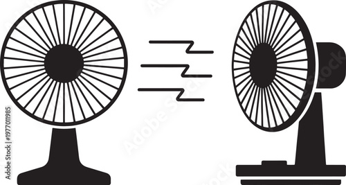 Electric fans depicted as simple black silhouettes with wavy lines representing a breeze are arranged side by side on a clean white background to signify cooling airflow.