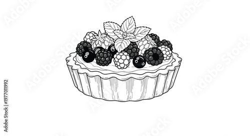 Detailed black and white line art illustration of a delicious berry tart filled with cream and topped with fresh fruit and mint.