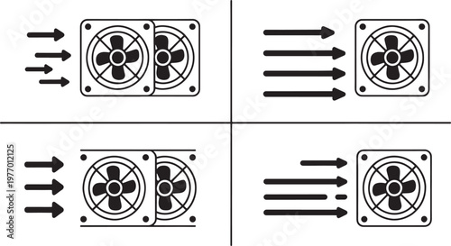 Ventilation fans demonstrate different airflow dynamics through linear arrows and technical diagrams representing exhaust efficiency for climate control systems.