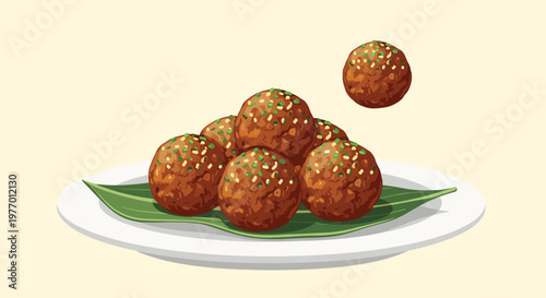 Serving of savory brown meatballs garnished with green herbs on a banana leaf on a white plate against a light background.