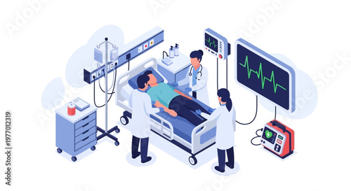 Isometric vector illustration of medical people attending to a patient in a hospital room, using modern medical equipment with bright, clean design, set against a white background