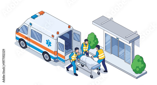 Isometric vector illustration depicting paramedics transporting a patient on a gurney from an ambulance to a hospital emergency room, rendered in a clean, cartoon style against a bright