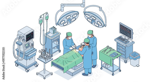 Isometric vector art illustration of an operating room with medical staff performing surgery on a patient, showing advanced equipment and bright surgical lights, designed with a clean