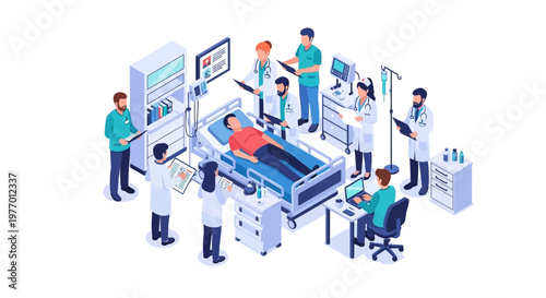 Isometric vector illustration shows hospital staff attending to a patient in a hospital room, with doctors and nurses monitoring medical equipment against a white background