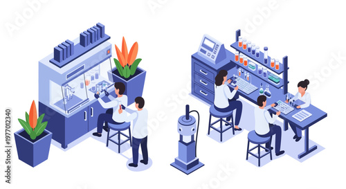 Isometric illustration showing scientists working in a hospital laboratory room, with a clean design against a white background and a sterile, modern feel, depicting research and analysis