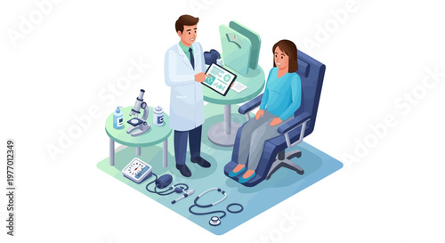 Isometric illustration depicting a doctor in a white coat showing medical records on a tablet to a seated patient in an examination room, against a white background, with a clean, vector