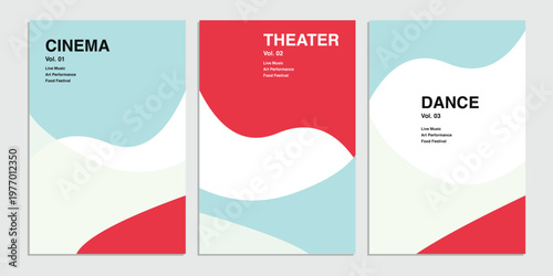 Minimalist event poster templates featuring abstract wavy shapes in red and light blue for cinema theater and dance performances.