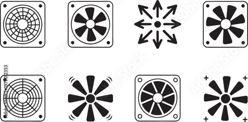 Cooling fans appear as a collection of black and white vector icons illustrating airflow patterns and mechanical ventilation components for industrial design projects.