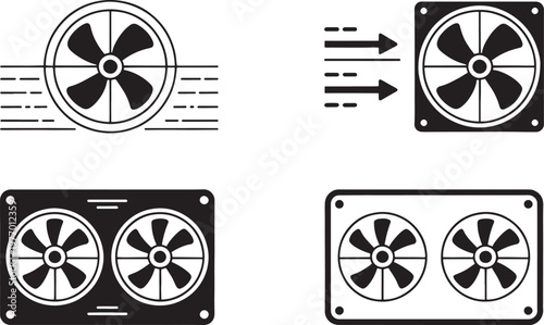 Cooling fans feature dual and single blower designs with integrated airflow indicators to represent thermal management and hardware cooling solutions.