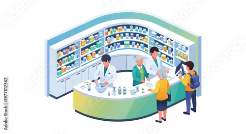 Isometric vector design of people at a hospital pharmacy, showing pharmacists assisting patients at a curved counter filled with medicines, set against a clean white background