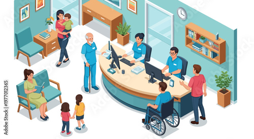 Isometric vector art depicts an active hospital reception area with staff assisting patients, including a family with a child and someone in a wheelchair, set against a clean white