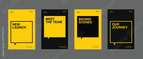 Yellow and black corporate poster templates featuring square speech bubbles for new launch and team presentation text layouts.