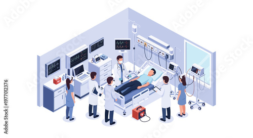 Isometric vector art depicts medical staff attending to a patient in a modern hospital room with various equipment, shown with clean, bright lighting and a focus on detailed character