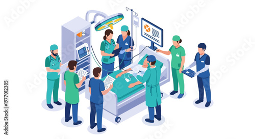 Isometric vector art shows medical personnel surrounding a patient in an operating room, displaying a collaborative design with people in a well-lit hospital setting against a clean white