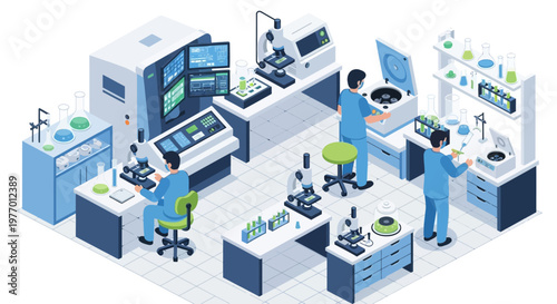 Isometric vector art depicts a laboratory room at a hospital, where medical personnel are conducting tests using microscopes and other equipment in a brightly lit, clean environment