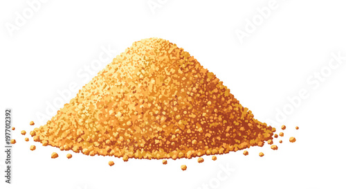 Large heap of raw brown cane sugar granules isolated on white background for baking and cooking ingredient concepts.