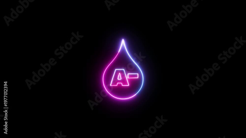 Neon A- blood drop icon with blue and pink glow on black background