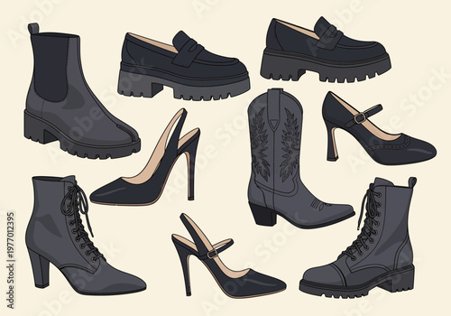 Stylish Women's Black Footwear Collection: Boots, Loafers, and Heels Illustration Set