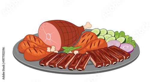 Assorted grilled meat platter with ham, chicken drumsticks, ribs, cucumbers, onions, and lettuce isolated on white background.