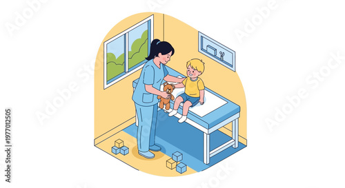 Isometric vector illustration featuring a caring nurse examining a young boy sitting on an examination table, with a teddy bear beside him, in a brightly lit hospital room with a comforting