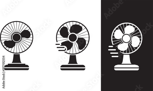 Desk fans are depicted in three distinct variations to illustrate the progression of wind output and airflow intensity for cooling applications.
