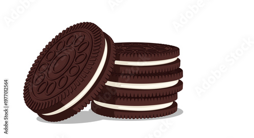 Stack of classic dark chocolate sandwich cookies with white cream filling isolated on white background for snack concept.